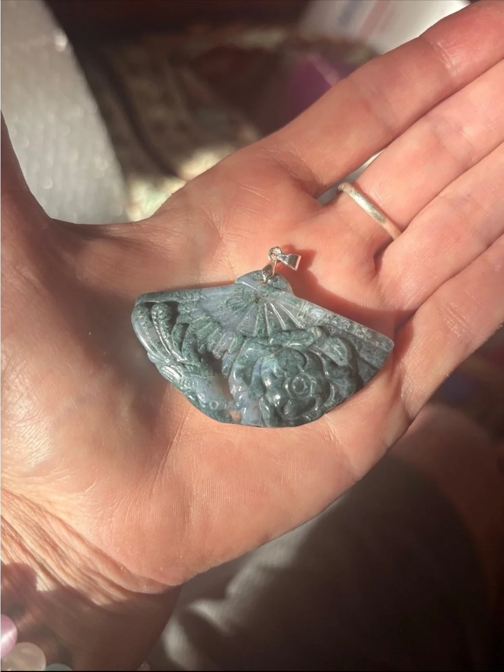 Hand-Carved Moss Agate Fan Pendant